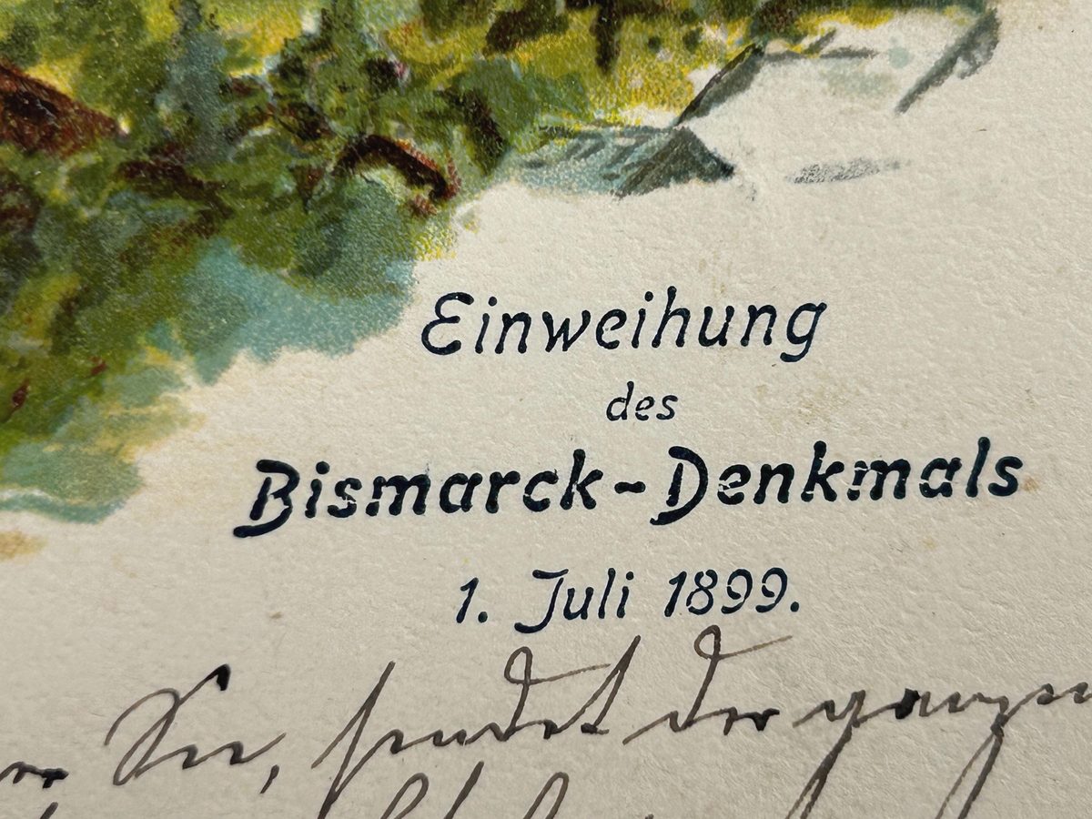 Scritta Inaugurazione del monumento a Bismarck 1° luglio 1899 con saluto scritto a mano