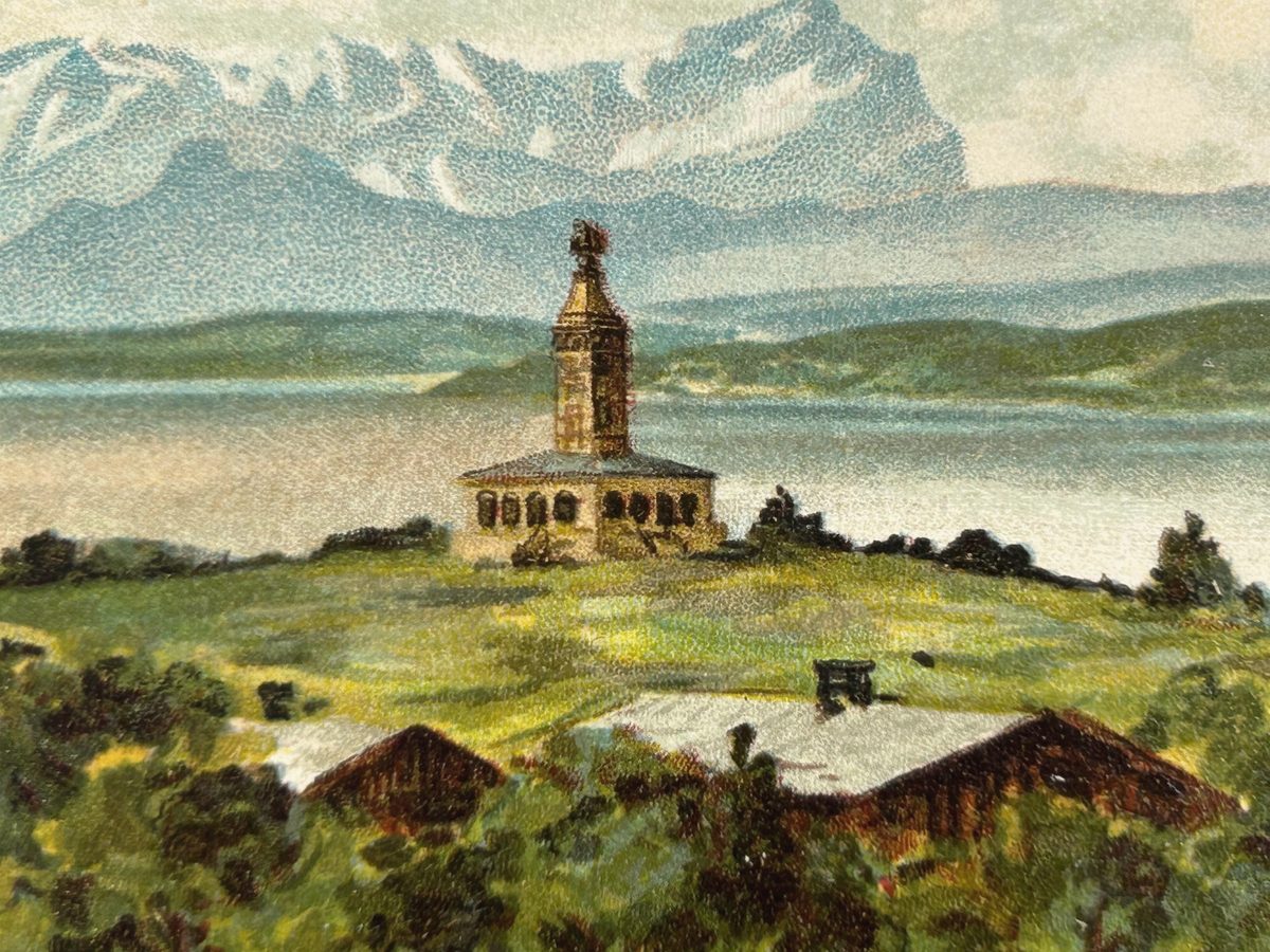 Cartolina d’artista del monumento a Bismarck sulla Rottmannshöhe sopra il lago di Starnberg, 1899