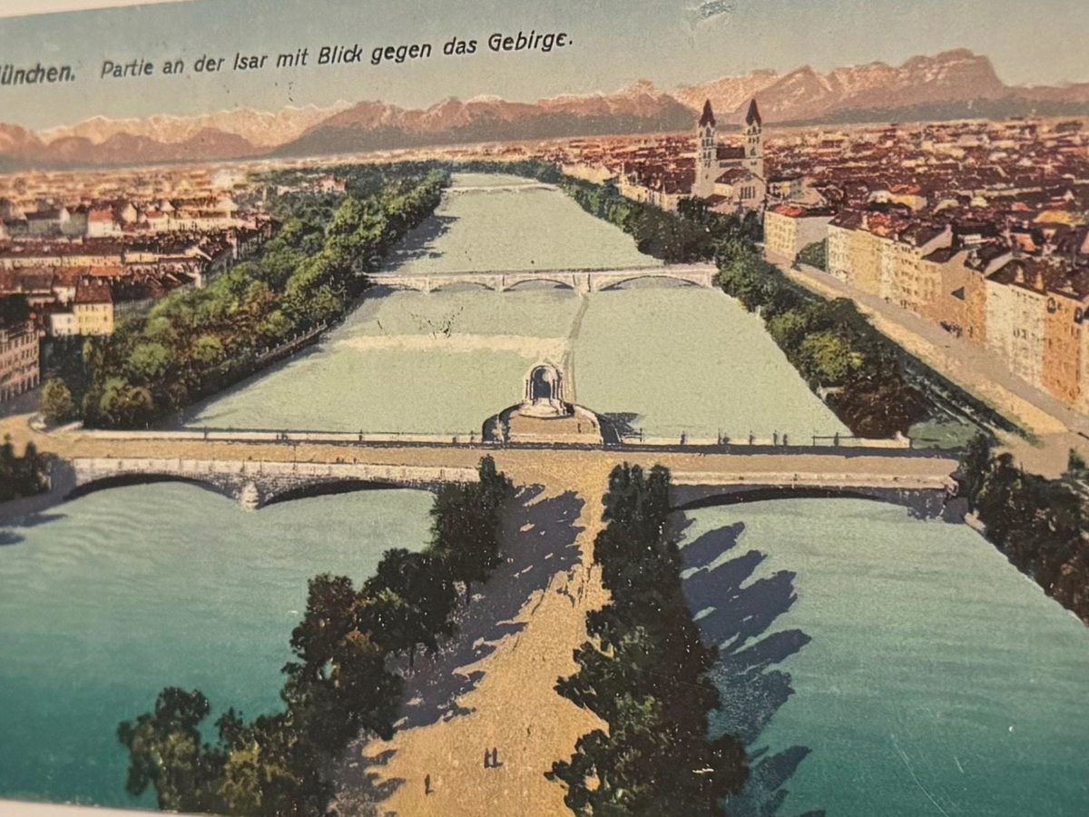 Cartolina colorata di Monaco, veduta dell’Isar verso le montagne