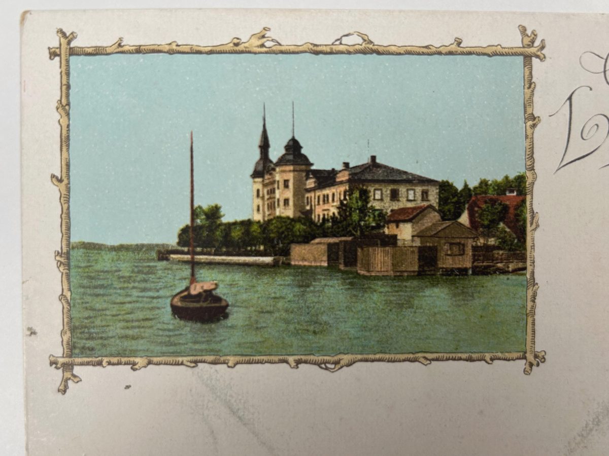 Litografia Saluti da Leoni sul lago di Starnberg in una cornice dipinta