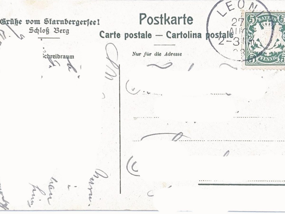 Retro Saluti dal lago di Starnberg, castello di Berg, con francobollo bavarese e timbro di Leoni